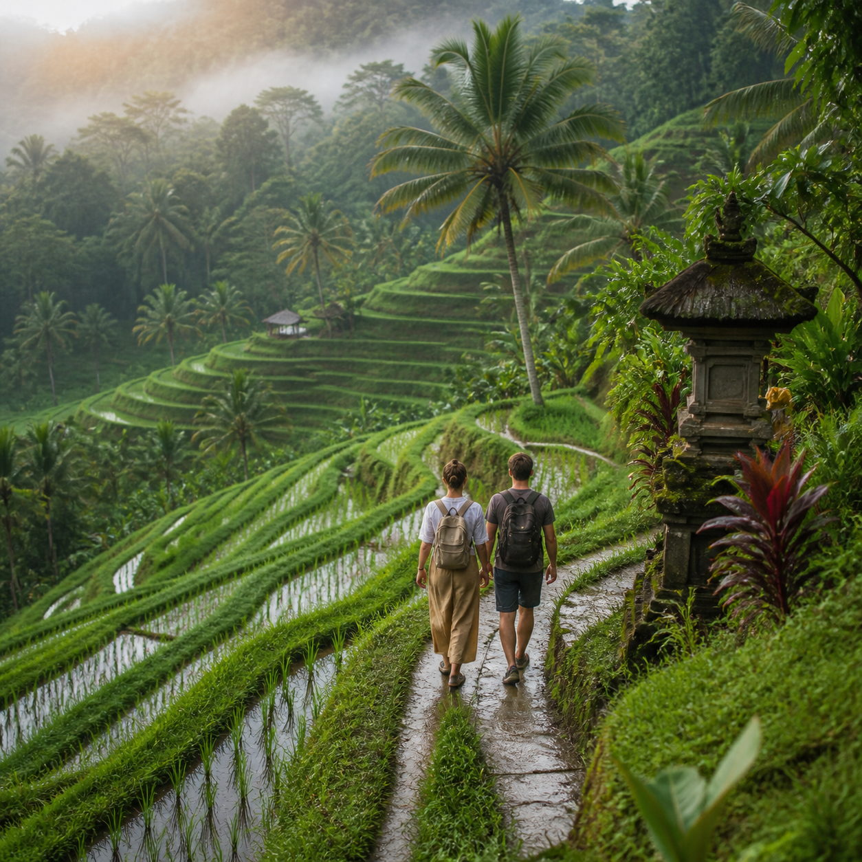 Two travellers walking through green Bali rice terraces beside a traditional shrine