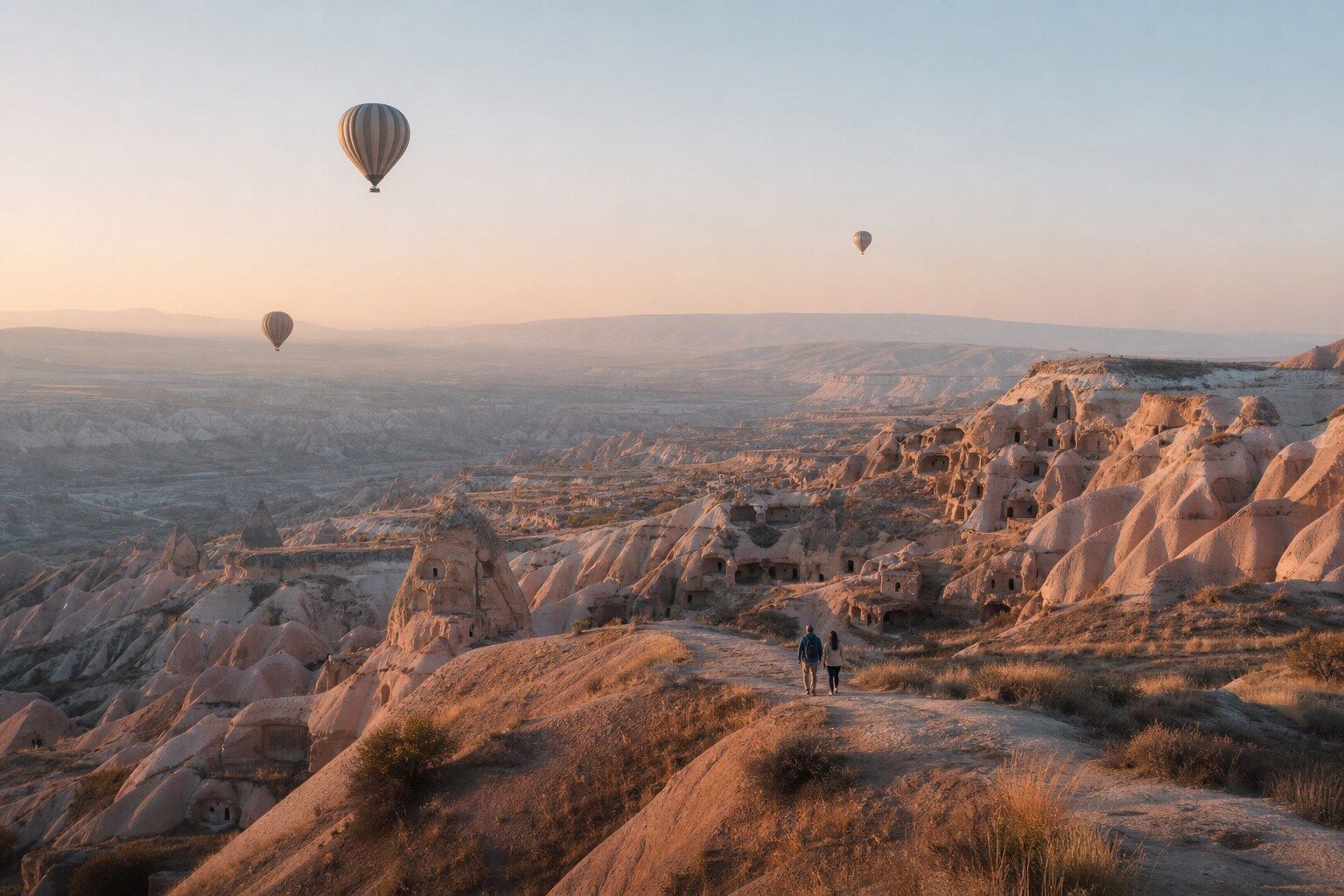 Rose-coloured valleys and a few hot-air balloons above Cappadocia at sunrise